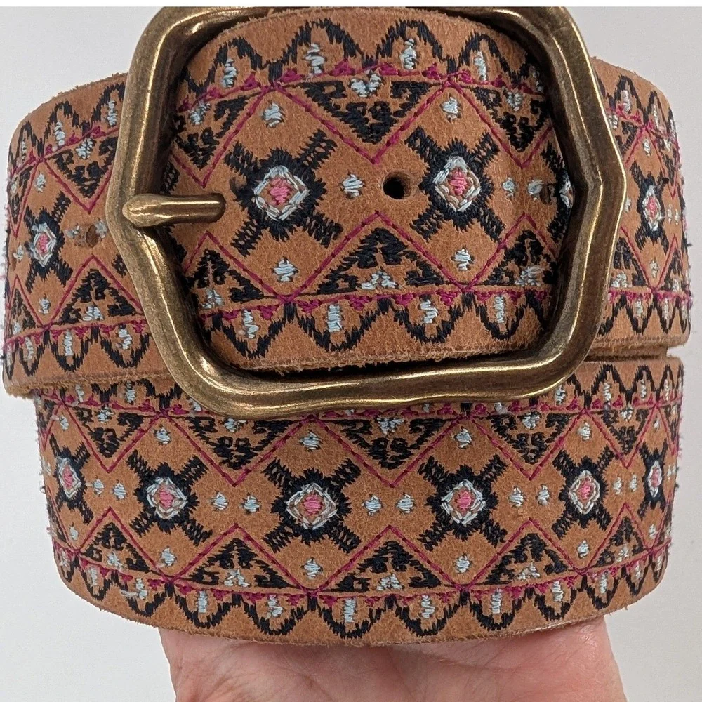 Lucky Brand Embroidered Leather Belt Womens S Brown Boho Brass Buckle 90s Y2K